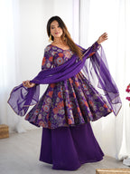 ANVERI TEXTILES Women’s Yellow Floral Printed Anarkali Kurta Palazzo Dupatta Set | Flared Ethnic Suit Set for Diwali, Wedding, Festive & Party Wear