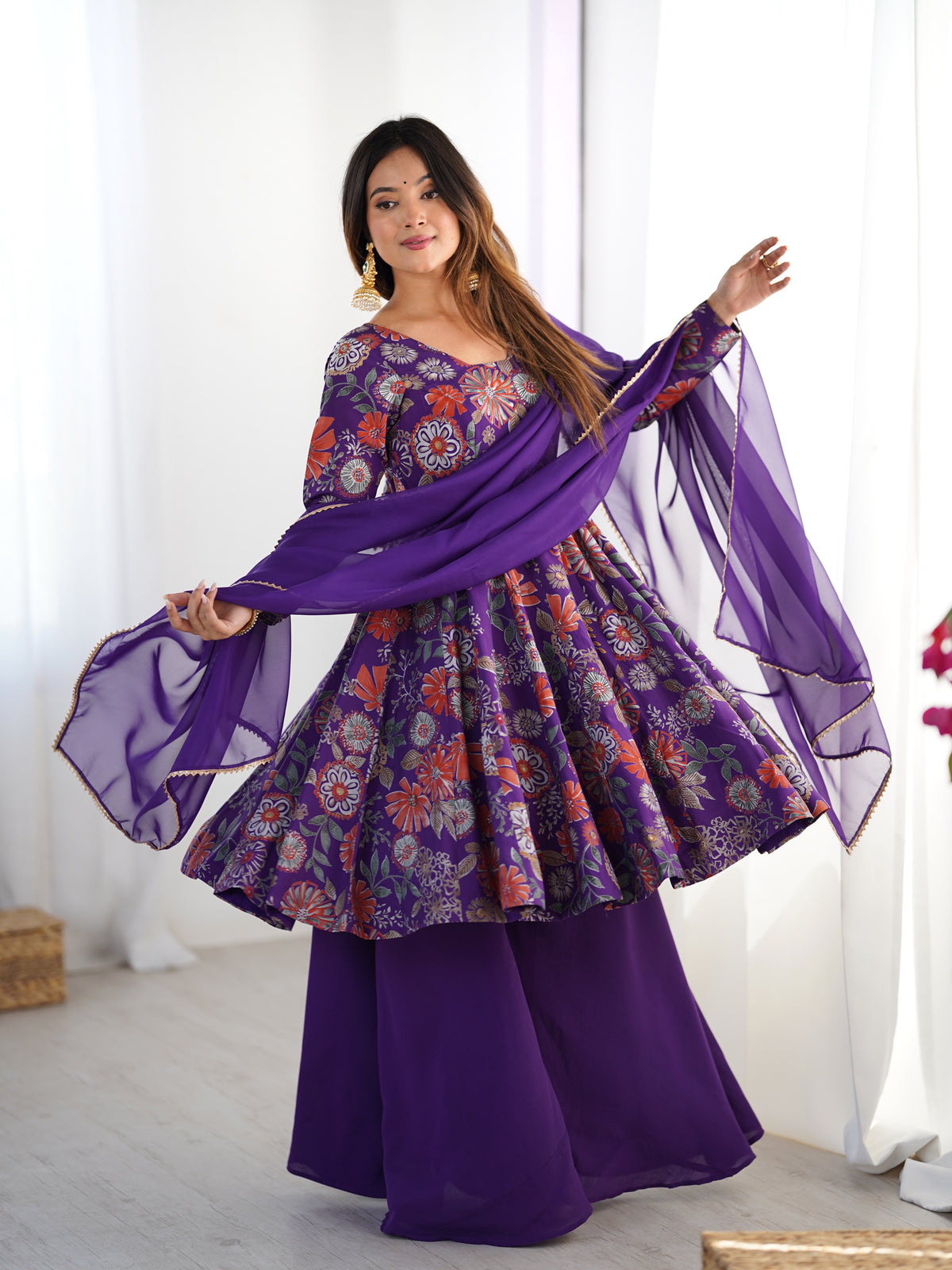 ANVERI TEXTILES Women’s Yellow Floral Printed Anarkali Kurta Palazzo Dupatta Set | Flared Ethnic Suit Set for Diwali, Wedding, Festive & Party Wear