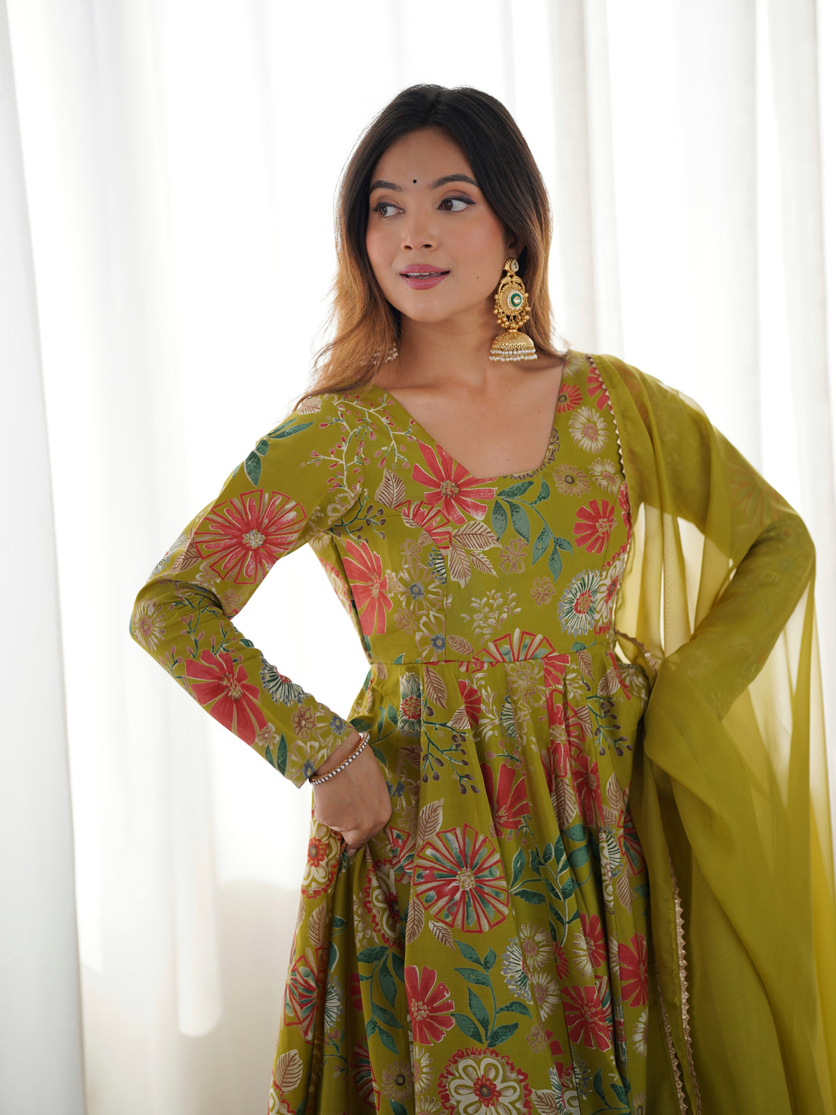 ANVERI TEXTILES Women’s Yellow Floral Printed Anarkali Kurta Palazzo Set with Dupatta | Flared Ethnic Suit Set for Festive, Wedding & Party Wear