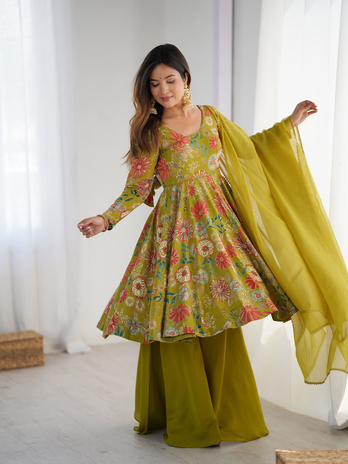 ANVERI TEXTILES Women’s Yellow Floral Printed Anarkali Kurta Palazzo Set with Dupatta | Flared Ethnic Suit Set for Festive, Wedding & Party Wear