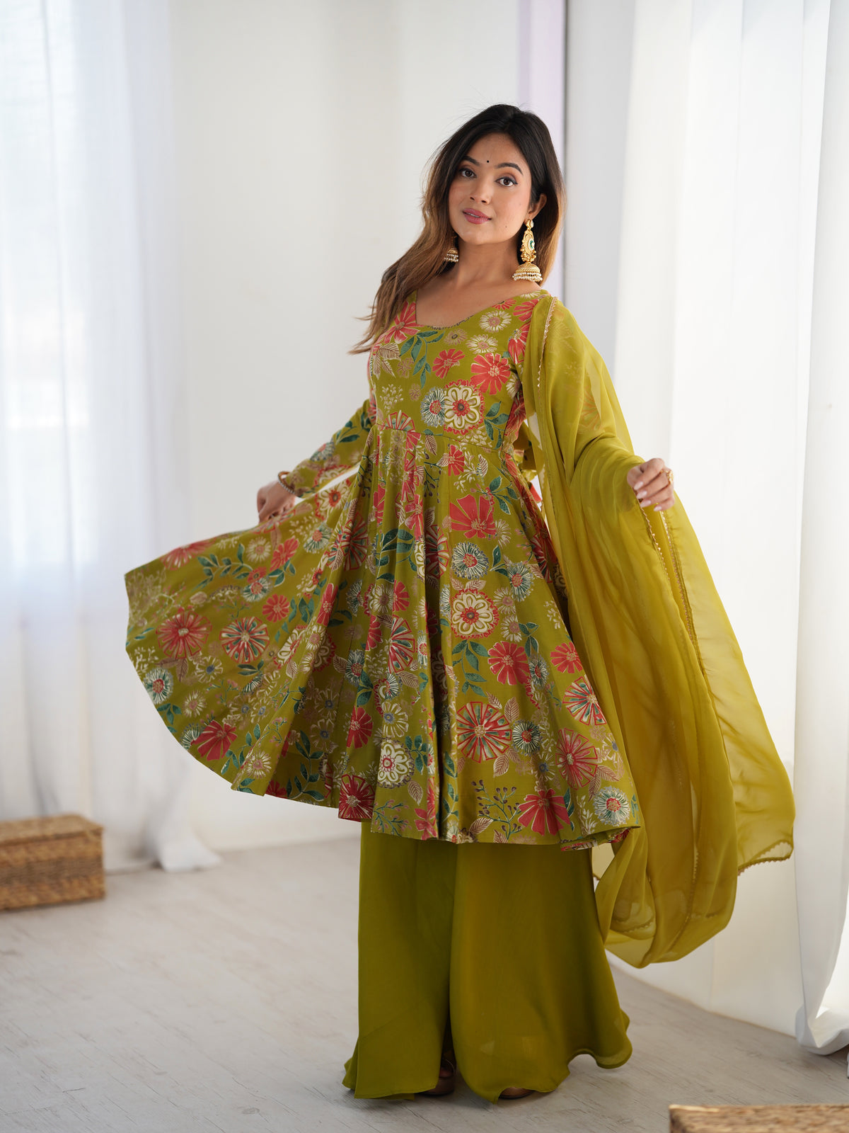 ANVERI TEXTILES Women’s Yellow Floral Printed Anarkali Kurta Palazzo Set with Dupatta | Flared Ethnic Suit Set for Festive, Wedding & Party Wear