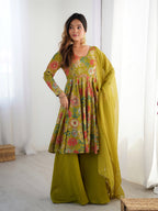 ANVERI TEXTILES Women’s Yellow Floral Printed Anarkali Kurta Palazzo Set with Dupatta | Flared Ethnic Suit Set for Festive, Wedding & Party Wear