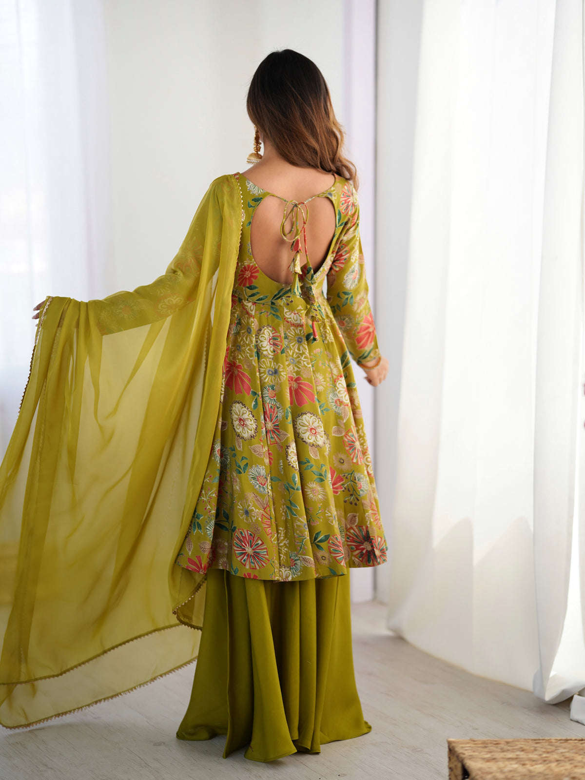 ANVERI TEXTILES Women’s Yellow Floral Printed Anarkali Kurta Palazzo Set with Dupatta | Flared Ethnic Suit Set for Festive, Wedding & Party Wear