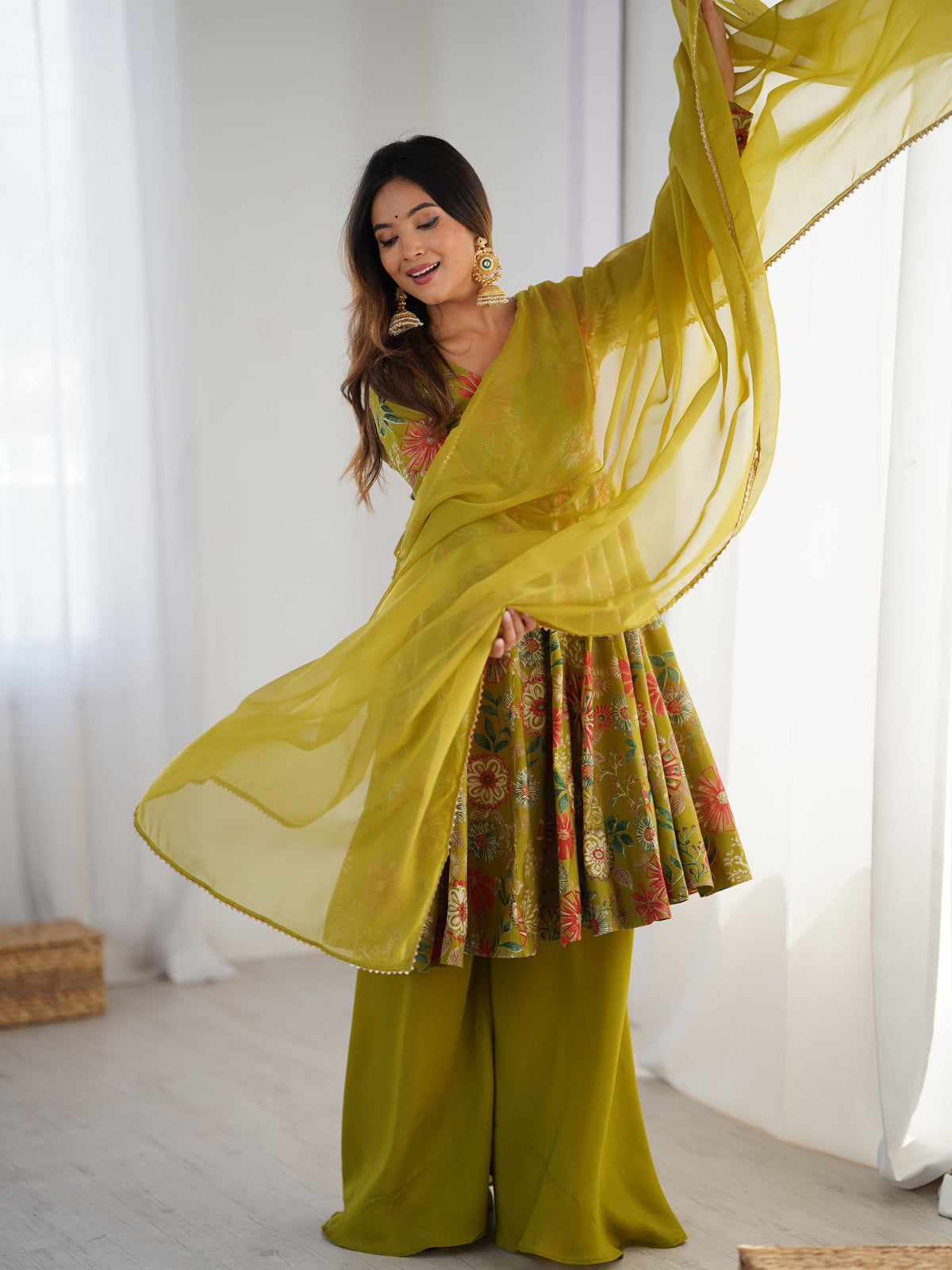 ANVERI TEXTILES Women’s Yellow Floral Printed Anarkali Kurta Palazzo Set with Dupatta | Flared Ethnic Suit Set for Festive, Wedding & Party Wear