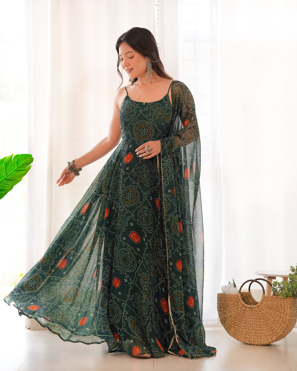 ANVERI TEXTILES  Women’s Bottle Green Printed Anarkali Gown with Dupatta | Flared Ethnic Dress Set with Traditional Motif Print for Festive, Wedding & Party Wear
