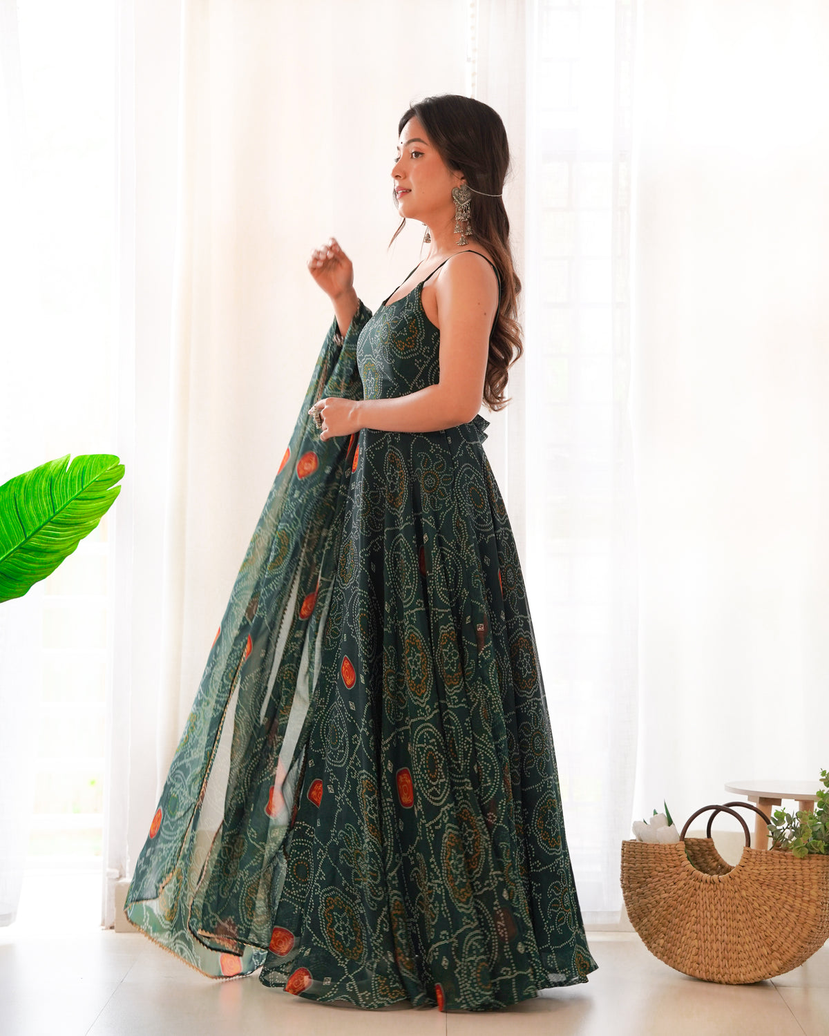 ANVERI TEXTILES  Women’s Bottle Green Printed Anarkali Gown with Dupatta | Flared Ethnic Dress Set with Traditional Motif Print for Festive, Wedding & Party Wear