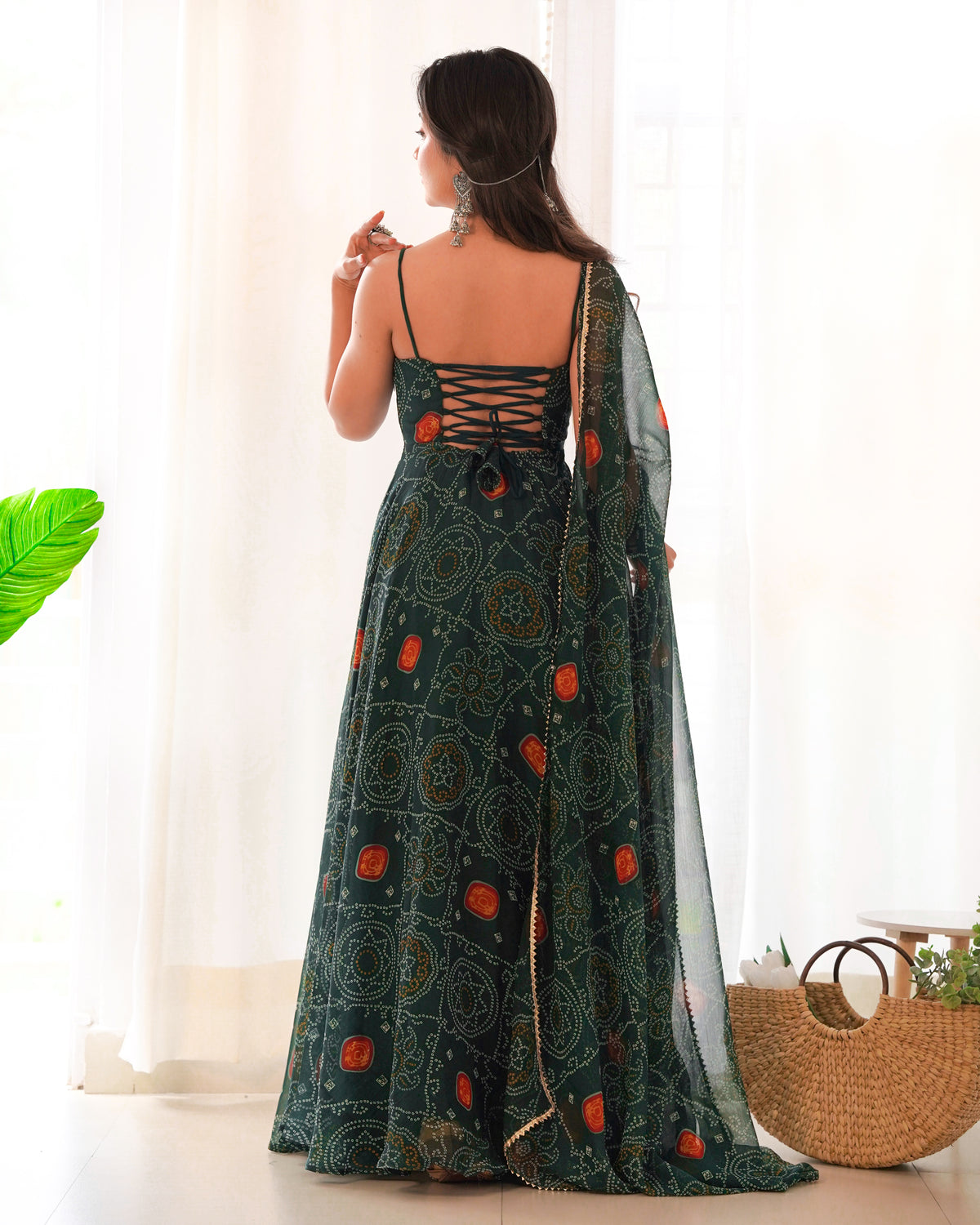 ANVERI TEXTILES  Women’s Bottle Green Printed Anarkali Gown with Dupatta | Flared Ethnic Dress Set with Traditional Motif Print for Festive, Wedding & Party Wear