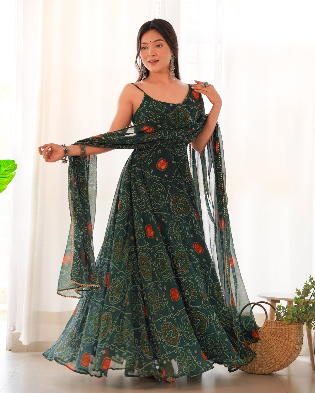 ANVERI TEXTILES  Women’s Bottle Green Printed Anarkali Gown with Dupatta | Flared Ethnic Dress Set with Traditional Motif Print for Festive, Wedding & Party Wear