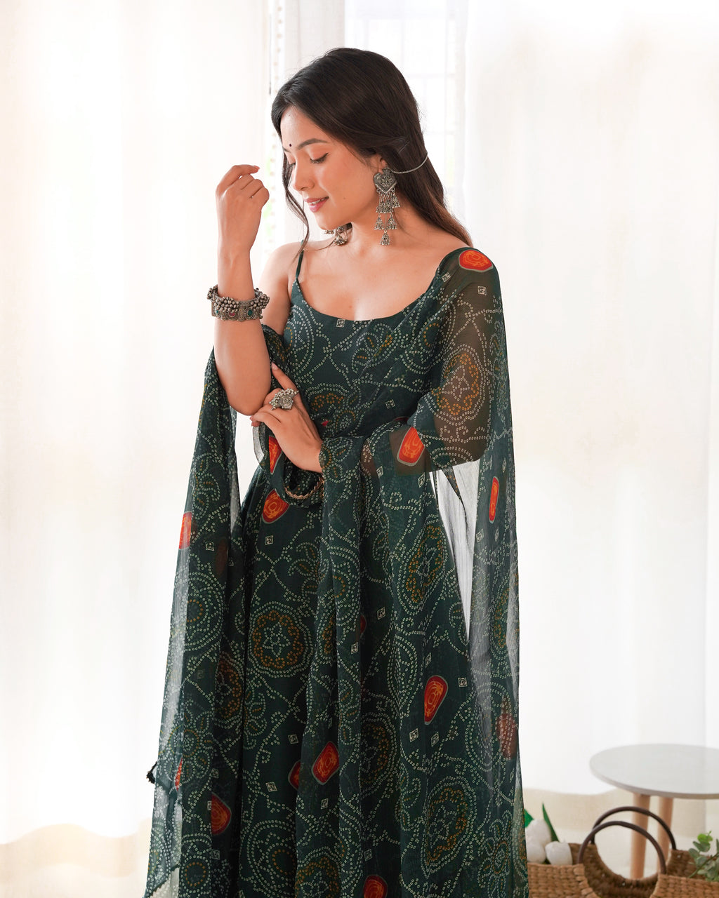 Women’s Green Printed Anarkali Maxi Dress with Dupatta | Floral & Ethnic Print Flared Gown for Festive Wear