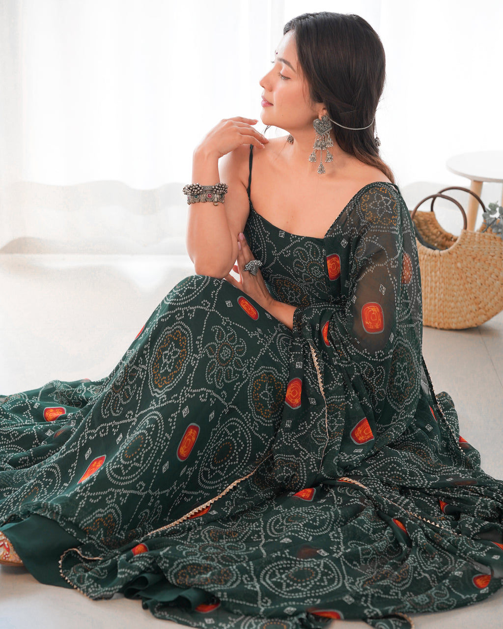 Women’s Green Printed Anarkali Maxi Dress with Dupatta | Floral & Ethnic Print Flared Gown for Festive Wear