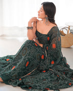 Women’s Green Printed Anarkali Maxi Dress with Dupatta | Floral & Ethnic Print Flared Gown for Festive Wear