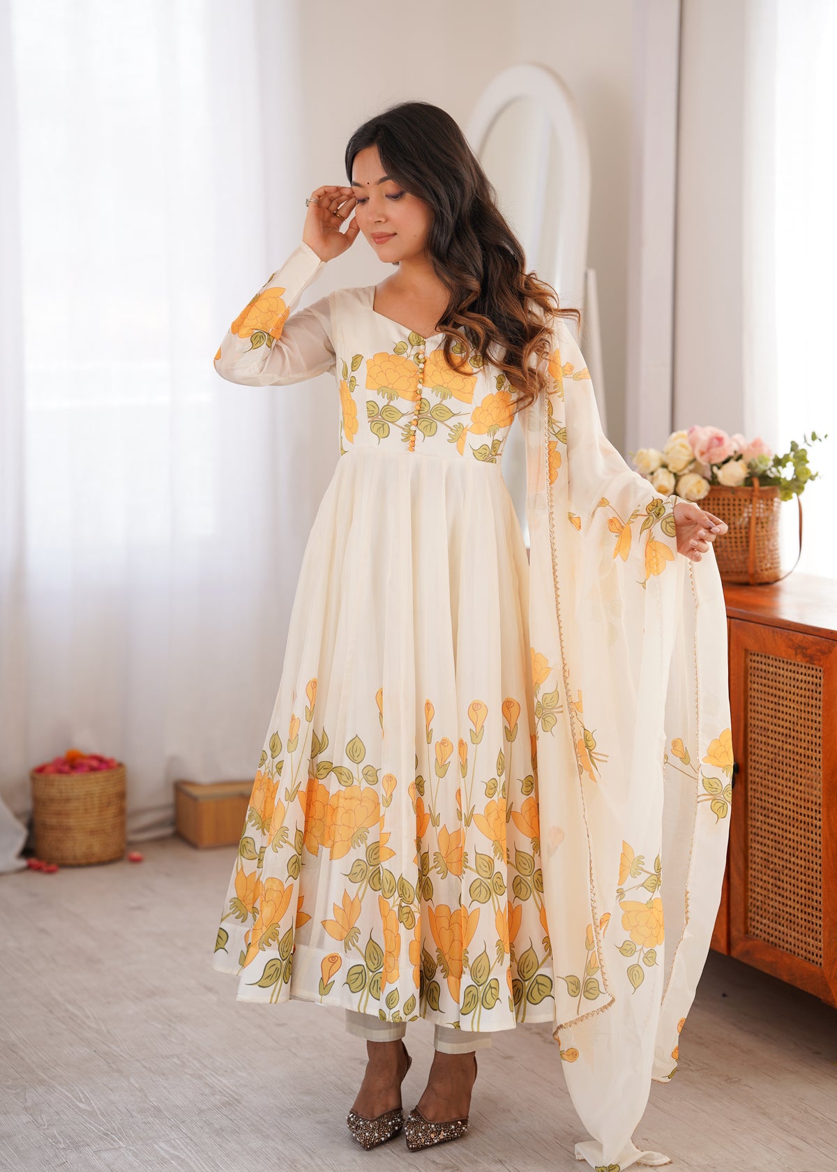 Shishkala Women’s White Floral Printed Anarkali Gown | Full Sleeve Floor-Length Flared Ethnic Dress | Festive, Party & Wedding Wear