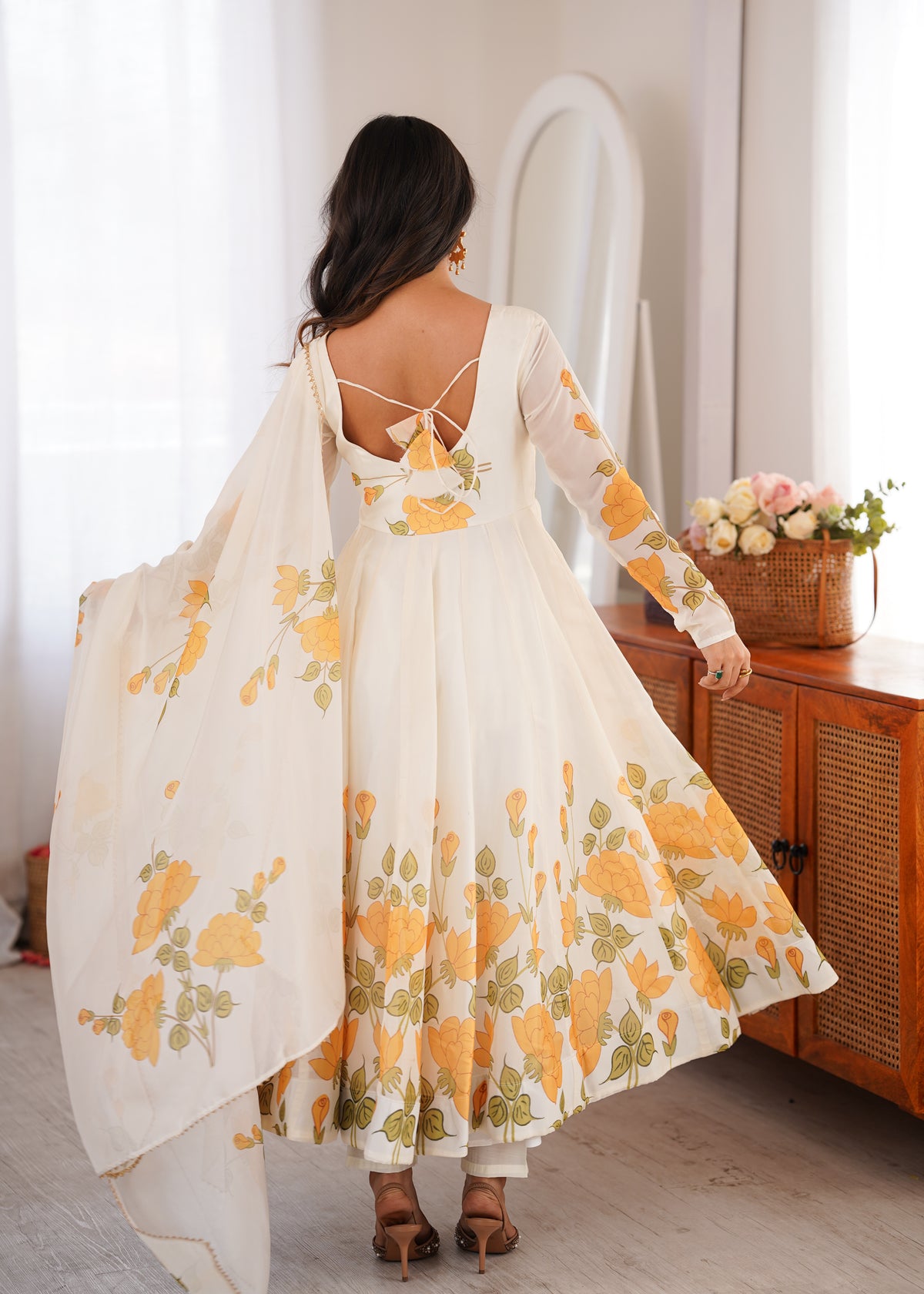 Shishkala Women’s White Floral Printed Anarkali Gown | Full Sleeve Floor-Length Flared Ethnic Dress | Festive, Party & Wedding Wear