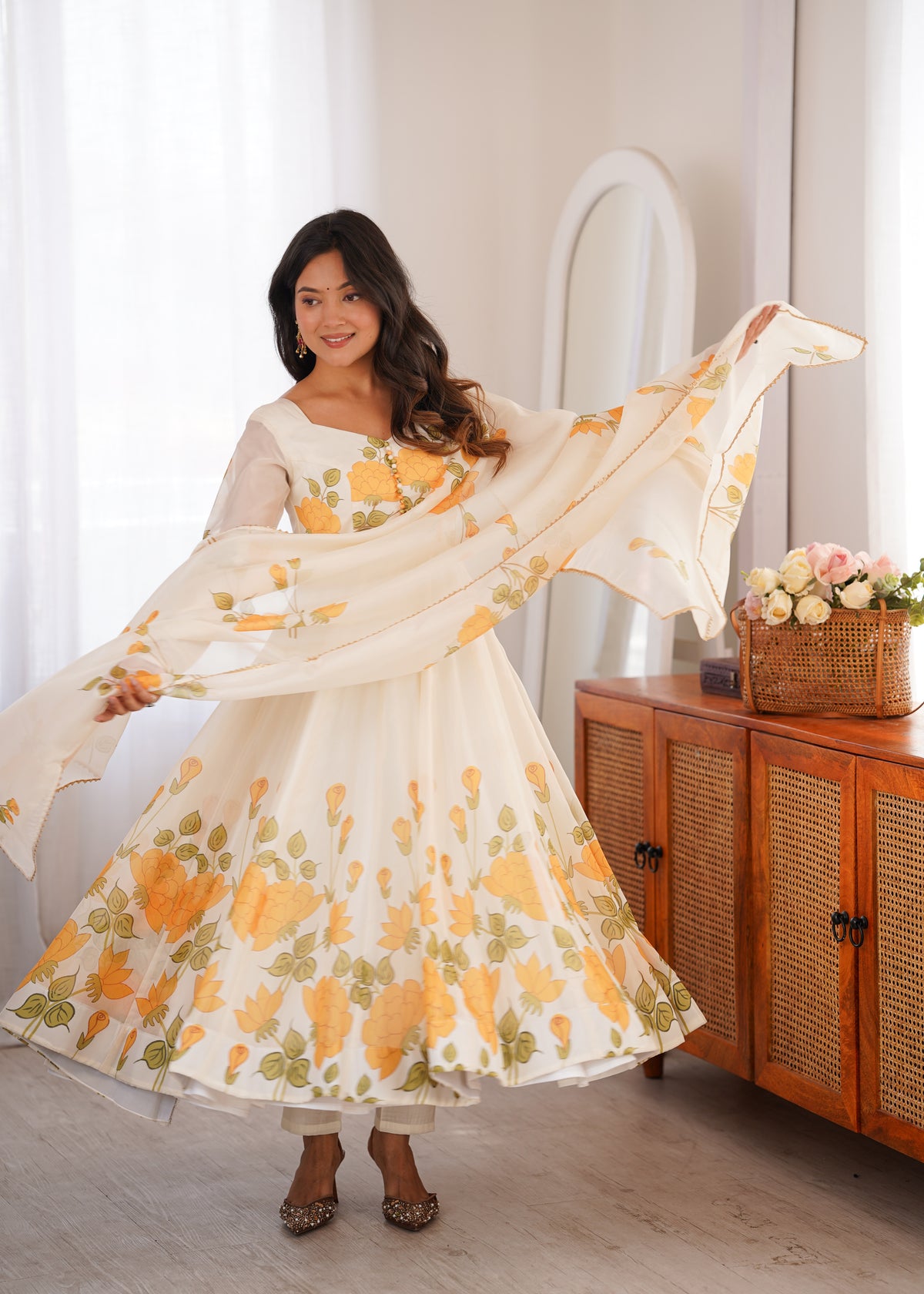 Shishkala Women’s White Floral Printed Anarkali Gown | Full Sleeve Floor-Length Flared Ethnic Dress | Festive, Party & Wedding Wear