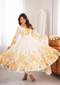 Shishkala Women’s White Floral Printed Anarkali Gown | Full Sleeve Floor-Length Flared Ethnic Dress | Festive, Party & Wedding Wear