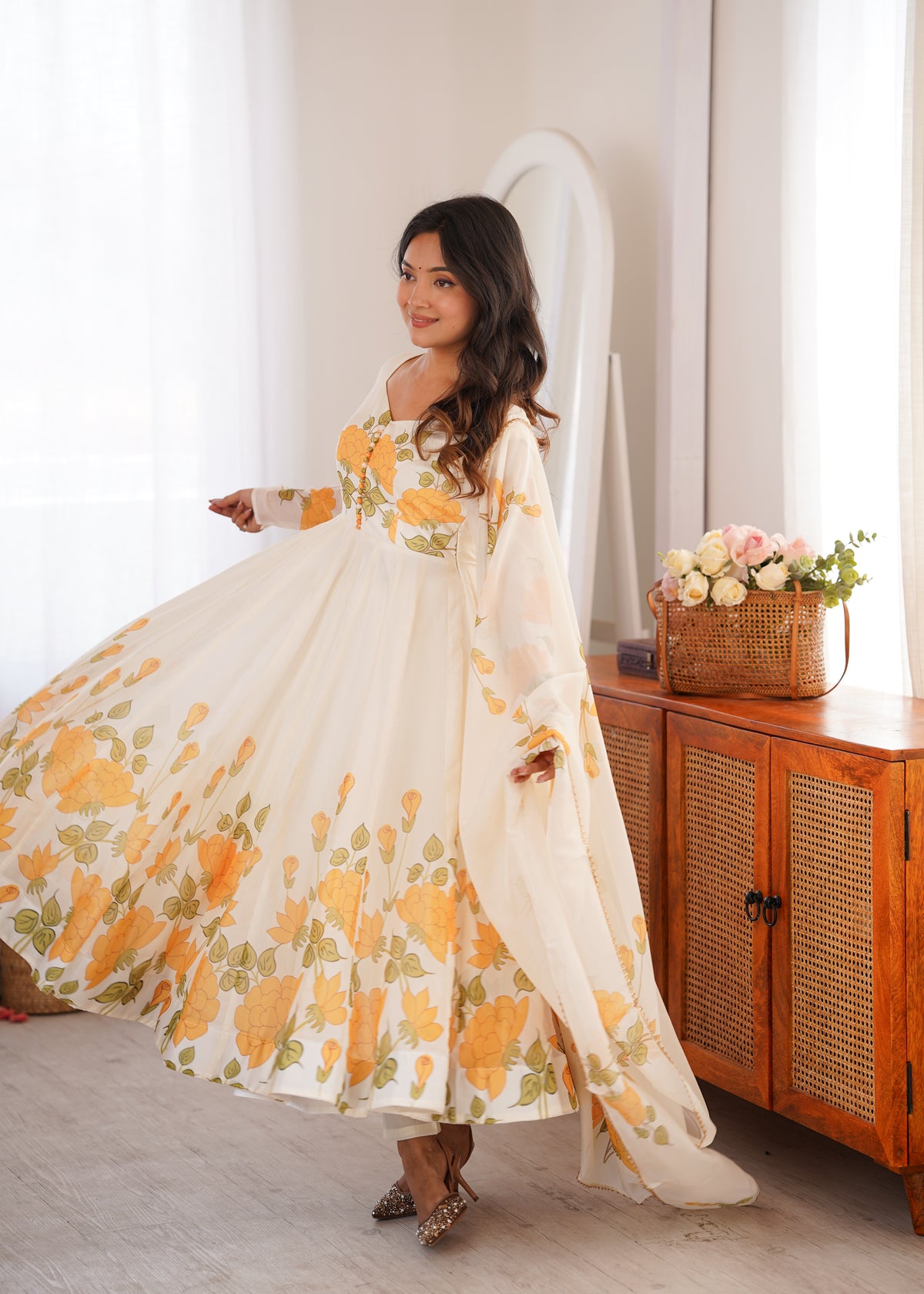 Shishkala Women’s White Floral Printed Anarkali Gown | Full Sleeve Floor-Length Flared Ethnic Dress | Festive, Party & Wedding Wear