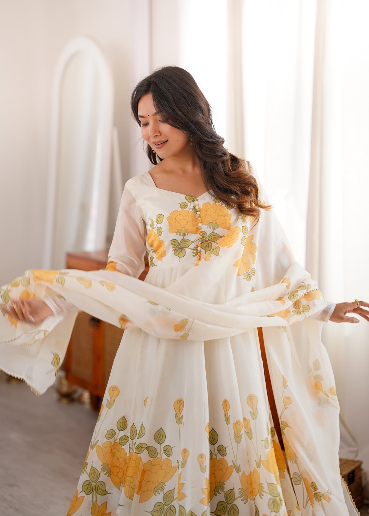 Shishkala Women’s White Floral Printed Anarkali Gown | Full Sleeve Floor-Length Flared Ethnic Dress | Festive, Party & Wedding Wear