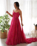 ANVERI Women’s Pink Printed Anarkali Maxi Dress with Dupatta | Floral & Ethnic Print Flared Gown for Festive Wear