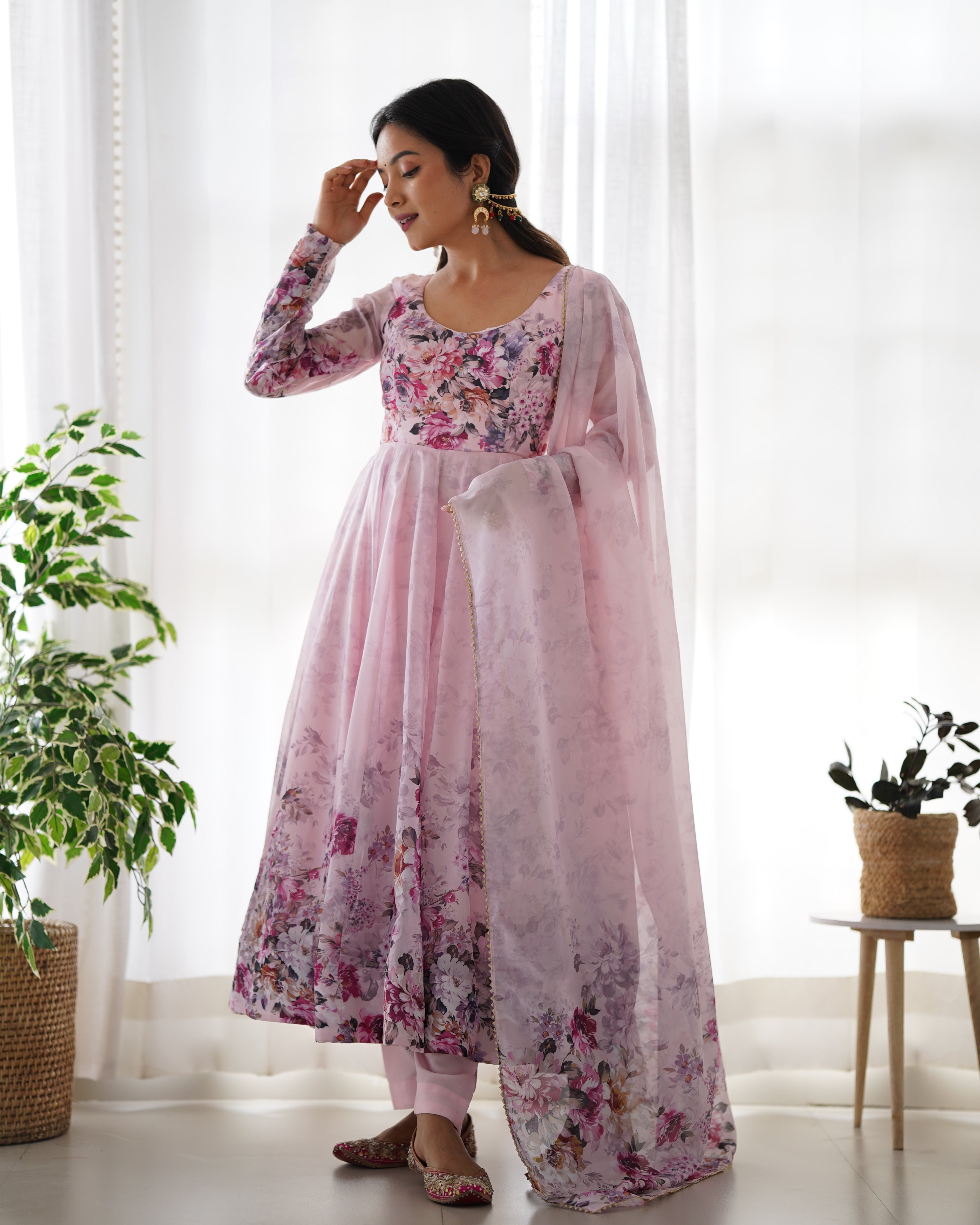 Pure Soft Organza Anarkali Suit Set With Huge Flair, Dupatta & Pant