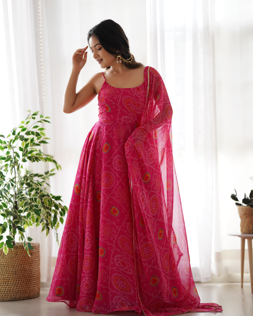 Pure Soft Lightweight Chiffon Bandhej Anarkali Suit Set With Huge Flair, Dupatta & Pant
