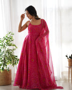 Pure Soft Lightweight Chiffon Bandhej Anarkali Suit Set With Huge Flair, Dupatta & Pant