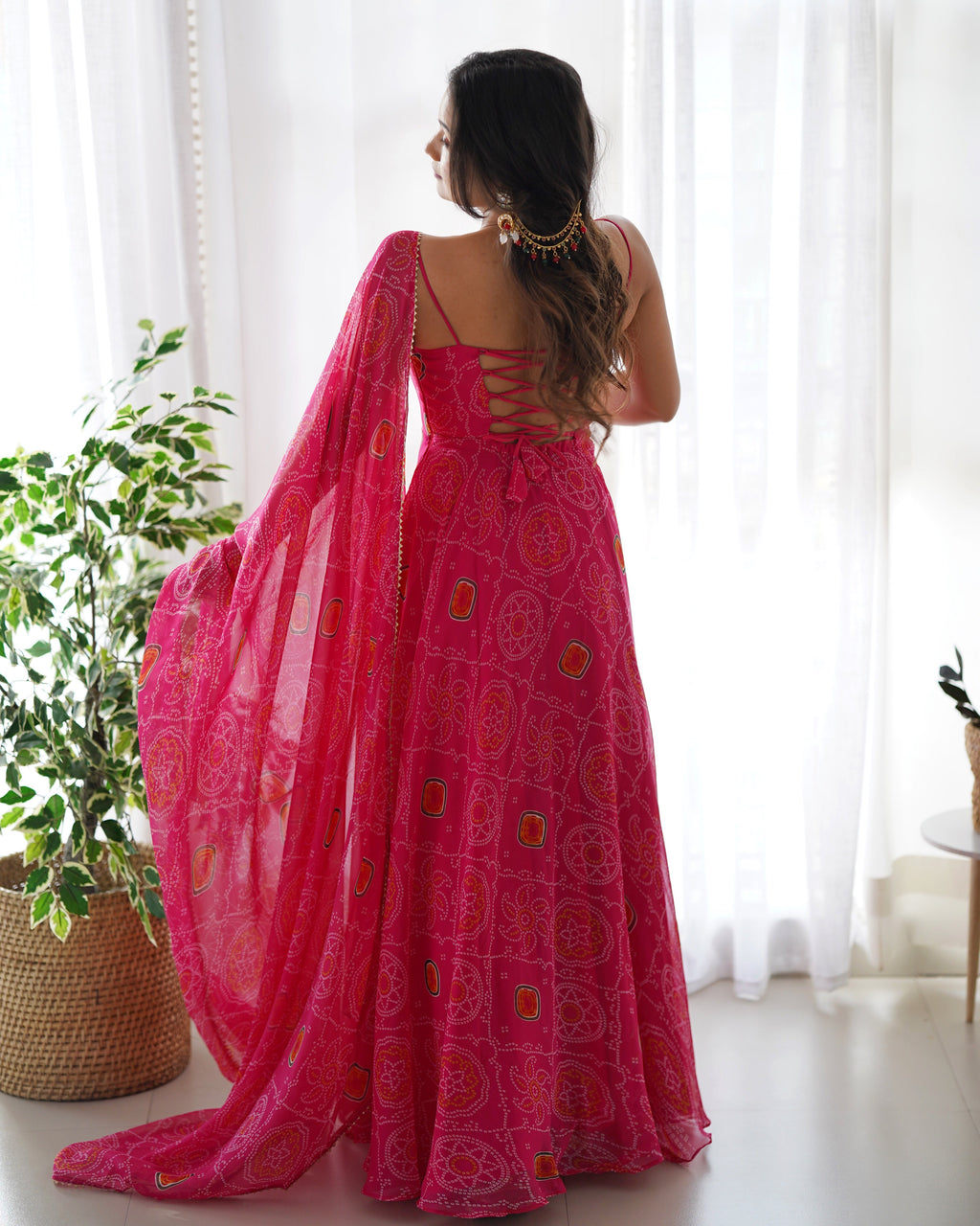 Pure Soft Lightweight Chiffon Bandhej Anarkali Suit Set With Huge Flair, Dupatta & Pant