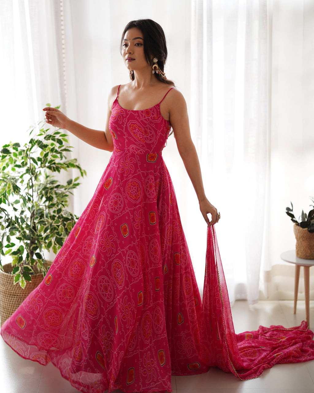 Pure Soft Lightweight Chiffon Bandhej Anarkali Suit Set With Huge Flair, Dupatta & Pant