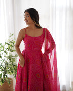 Pure Soft Lightweight Chiffon Bandhej Anarkali Suit Set With Huge Flair, Dupatta & Pant