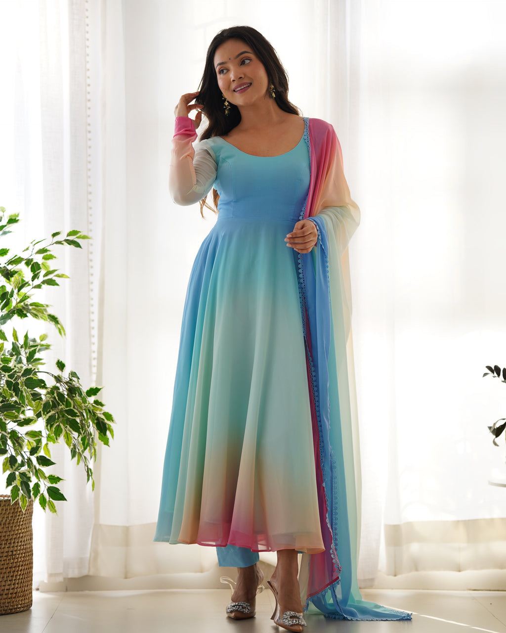 Pure Soft Fox Georgette Anarkali Suit Set With Huge Flair, Dupatta & Pant