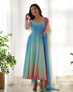 Pure Soft Fox Georgette Anarkali Suit Set With Huge Flair, Dupatta & Pant