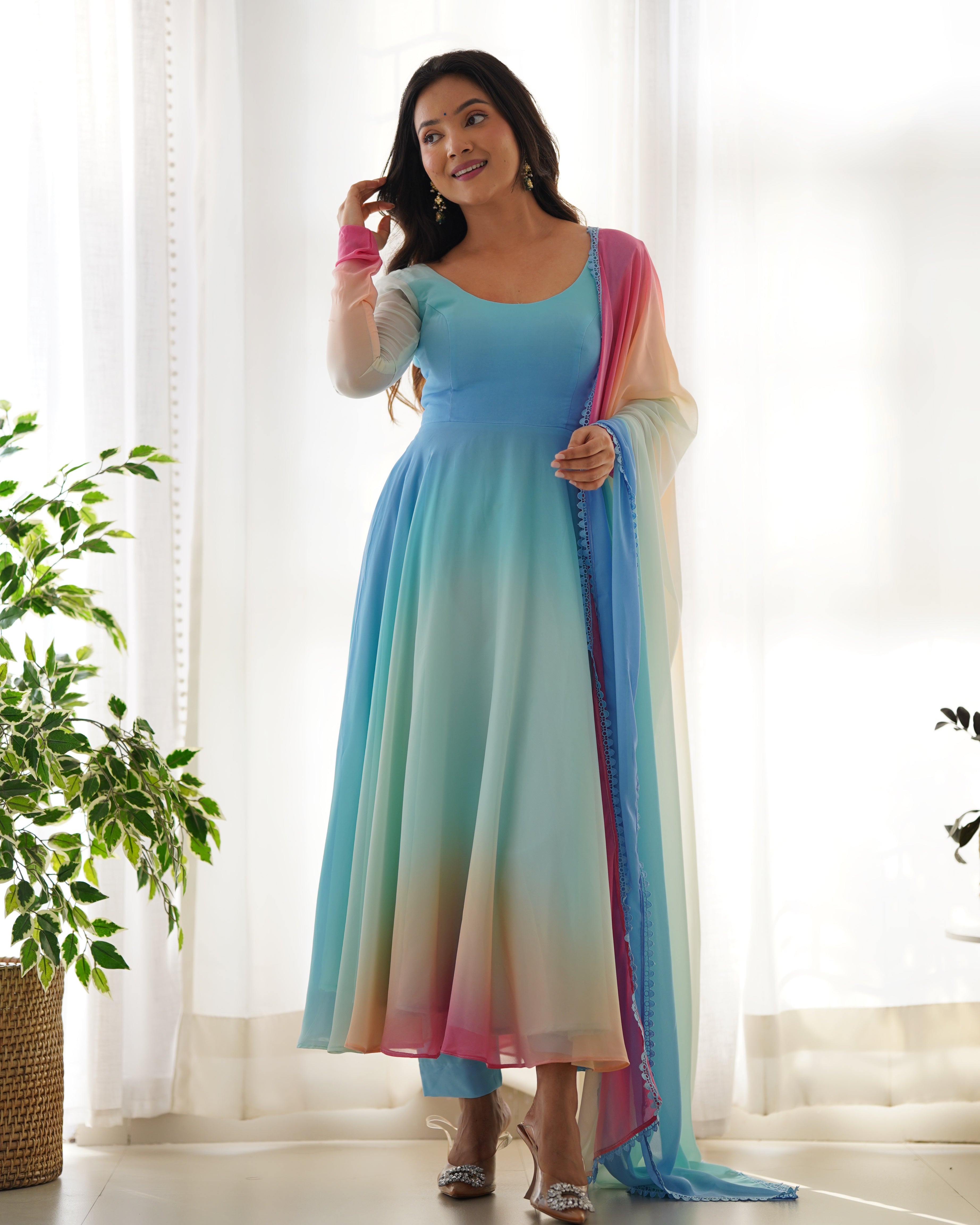 Pure Soft Fox Georgette Anarkali Suit Set With Huge Flair, Dupatta & Pant