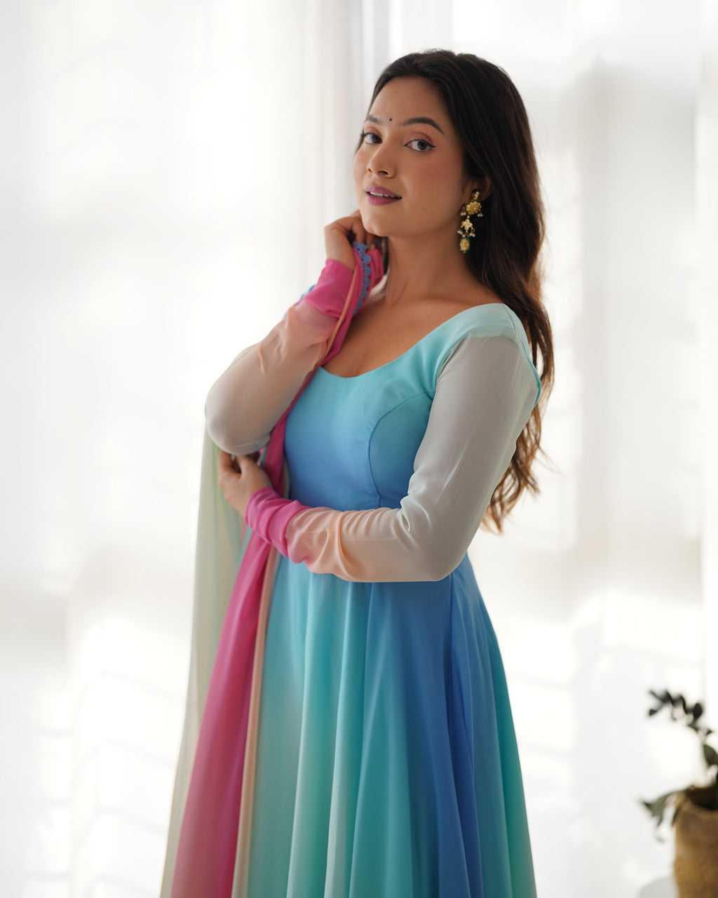 Pure Soft Fox Georgette Anarkali Suit Set With Huge Flair, Dupatta & Pant