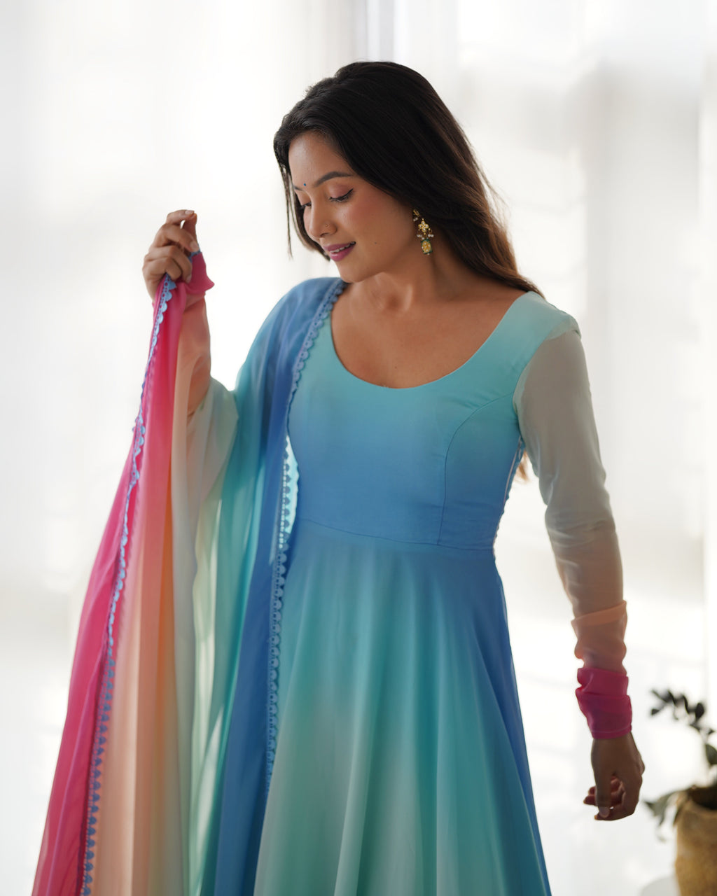 Pure Soft Fox Georgette Anarkali Suit Set With Huge Flair, Dupatta & Pant