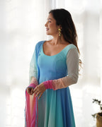 Pure Soft Fox Georgette Anarkali Suit Set With Huge Flair, Dupatta & Pant