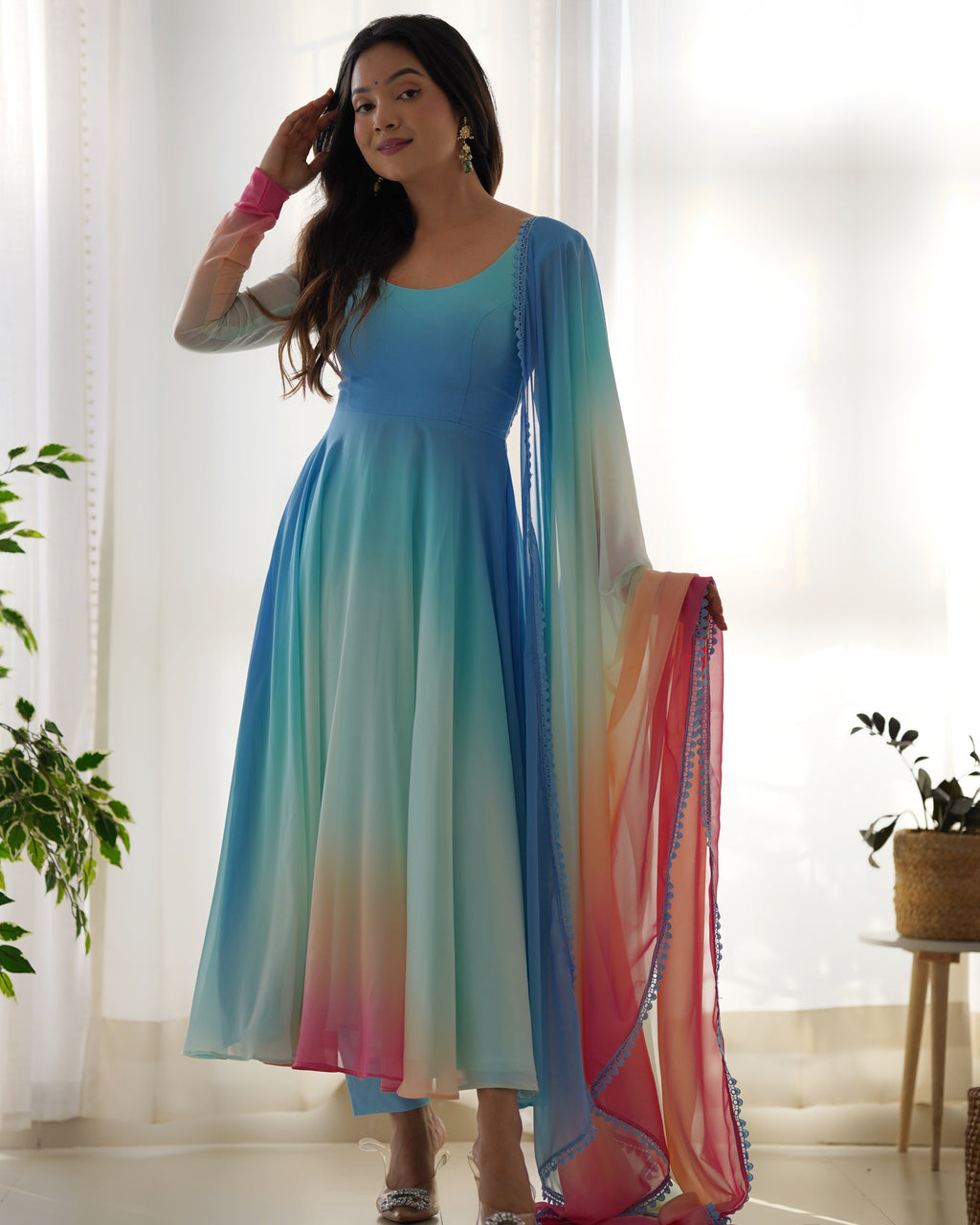 Pure Soft Fox Georgette Anarkali Suit Set With Huge Flair, Dupatta & Pant