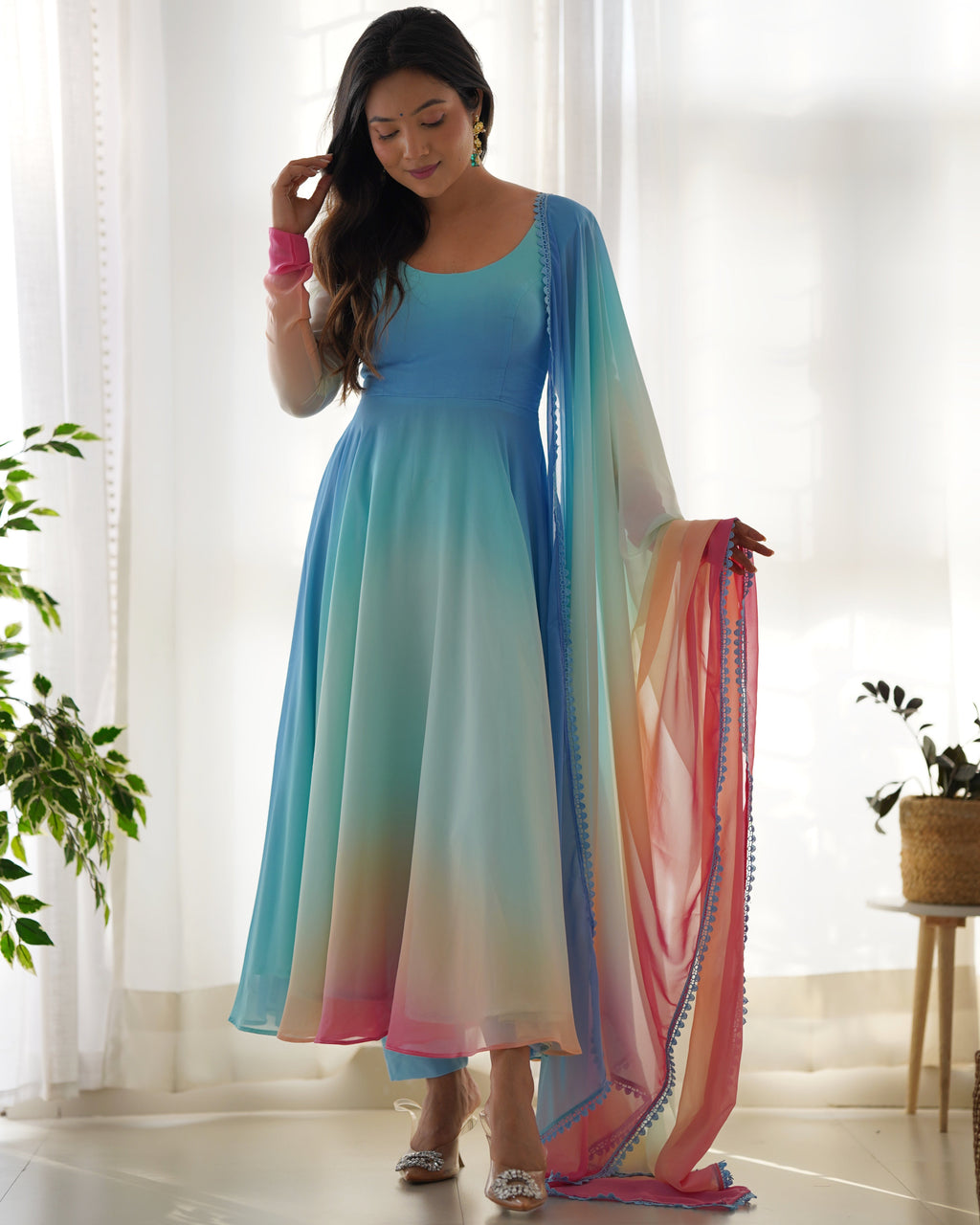 Pure Soft Fox Georgette Anarkali Suit Set With Huge Flair, Dupatta & Pant