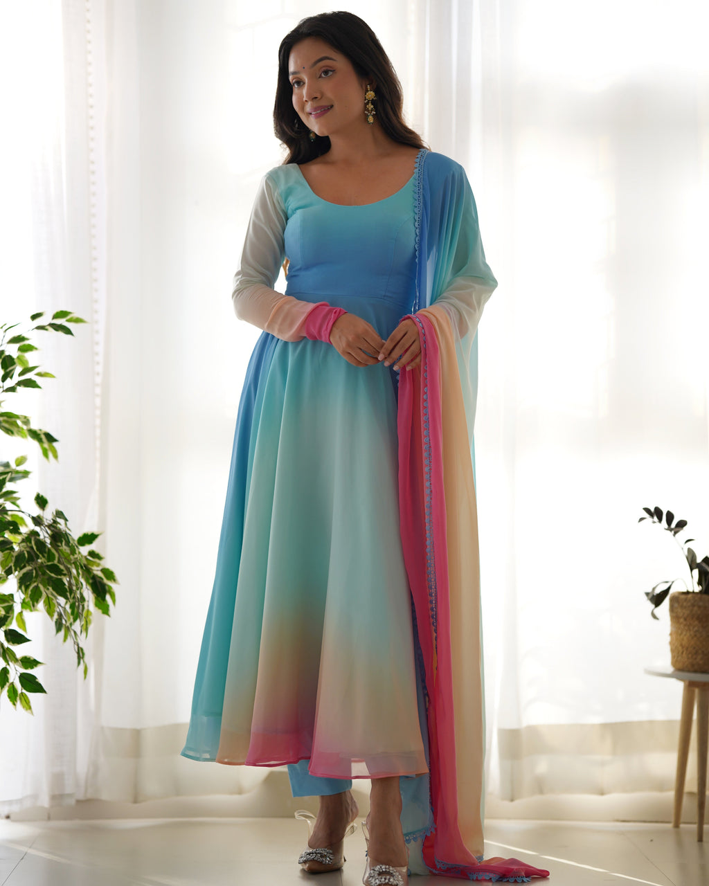 Pure Soft Fox Georgette Anarkali Suit Set With Huge Flair, Dupatta & Pant