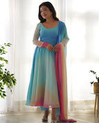 Pure Soft Fox Georgette Anarkali Suit Set With Huge Flair, Dupatta & Pant