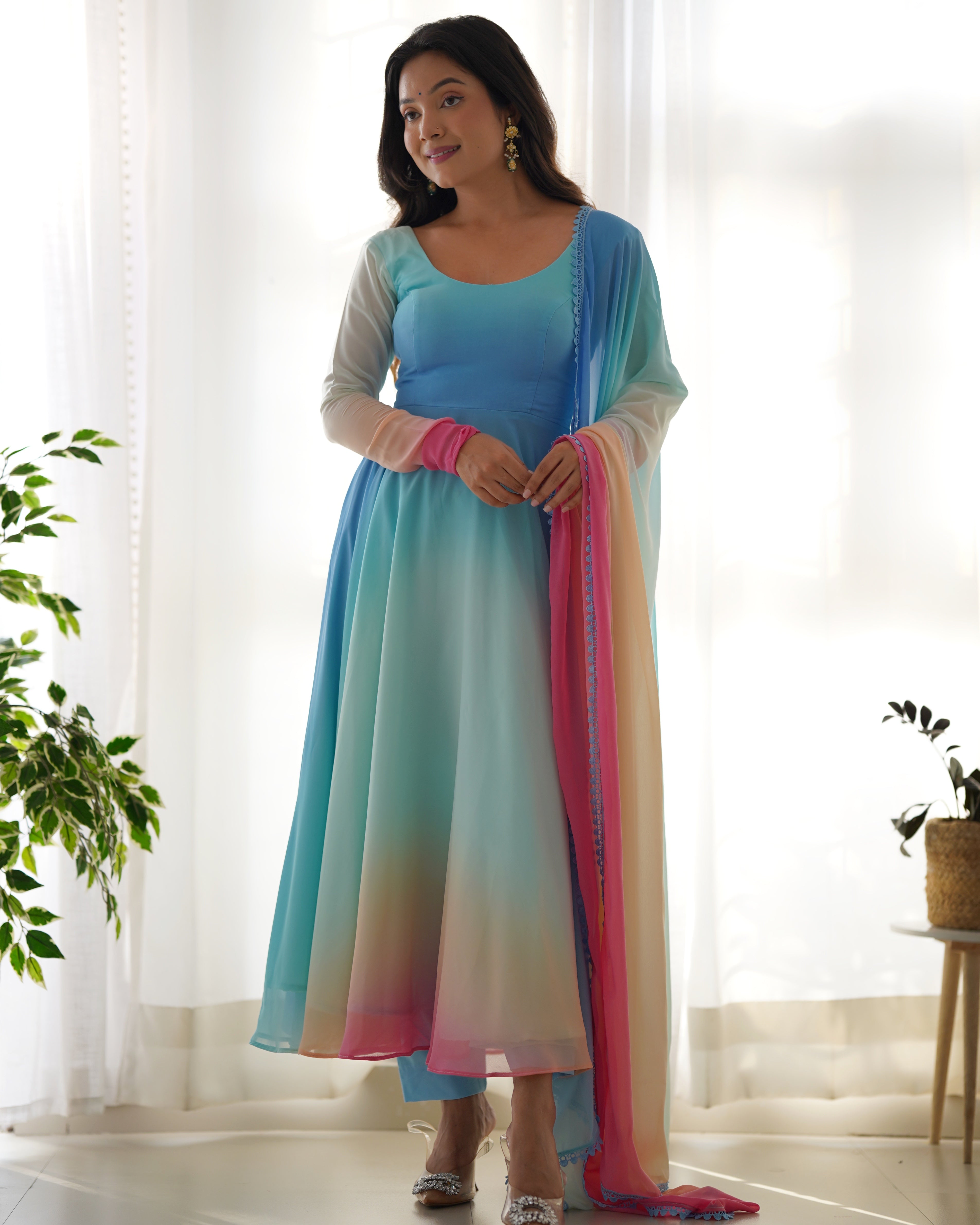 Pure Soft Fox Georgette Anarkali Suit Set With Huge Flair, Dupatta & Pant