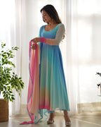 Pure Soft Fox Georgette Anarkali Suit Set With Huge Flair, Dupatta & Pant
