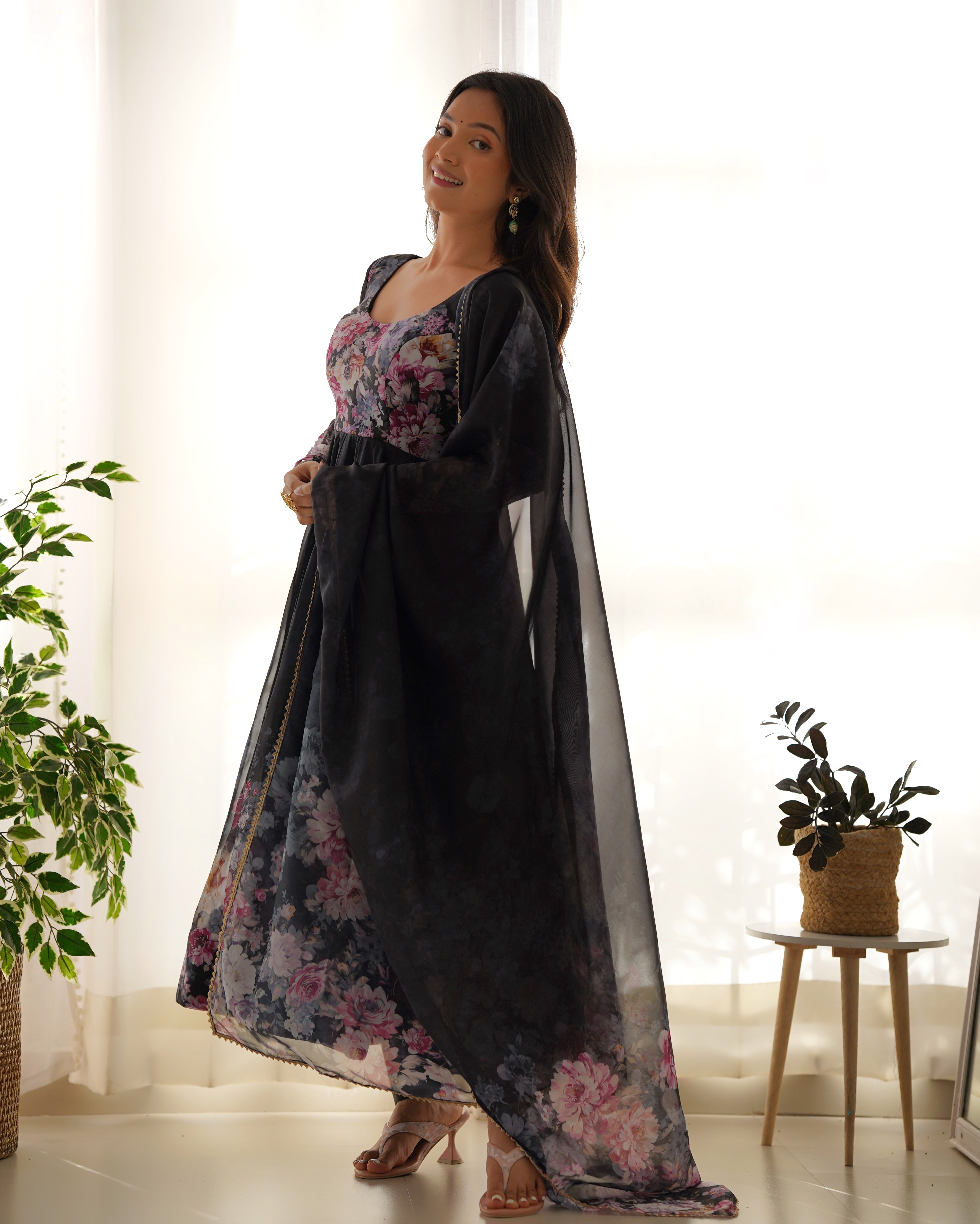 Pure Soft Organza Anarkali Suit Set With Huge Flair, Dupatta & Pant