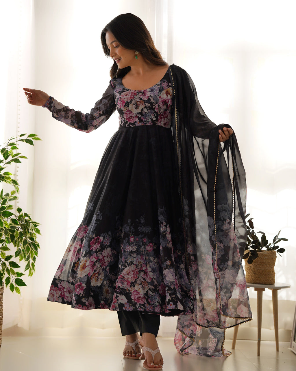 Pure Soft Organza Anarkali Suit Set With Huge Flair, Dupatta & Pant