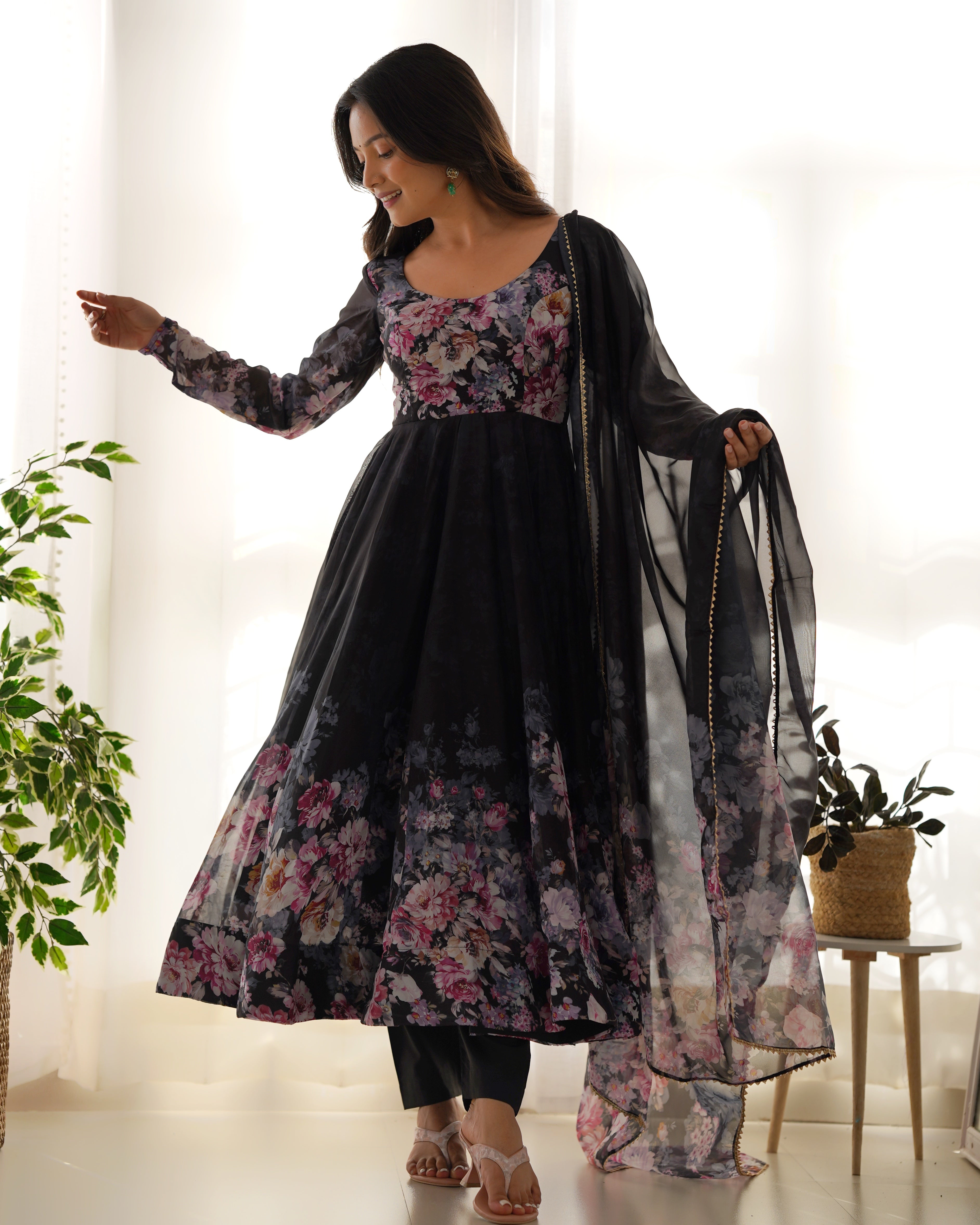 Pure Soft Organza Anarkali Suit Set With Huge Flair, Dupatta & Pant