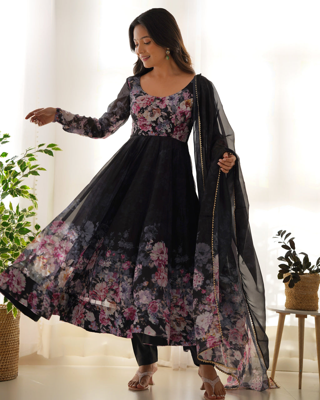 Pure Soft Organza Anarkali Suit Set With Huge Flair, Dupatta & Pant