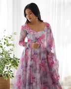 Pure Soft Organza Anarkali Suit Set With Huge Flair, Dupatta & Pant