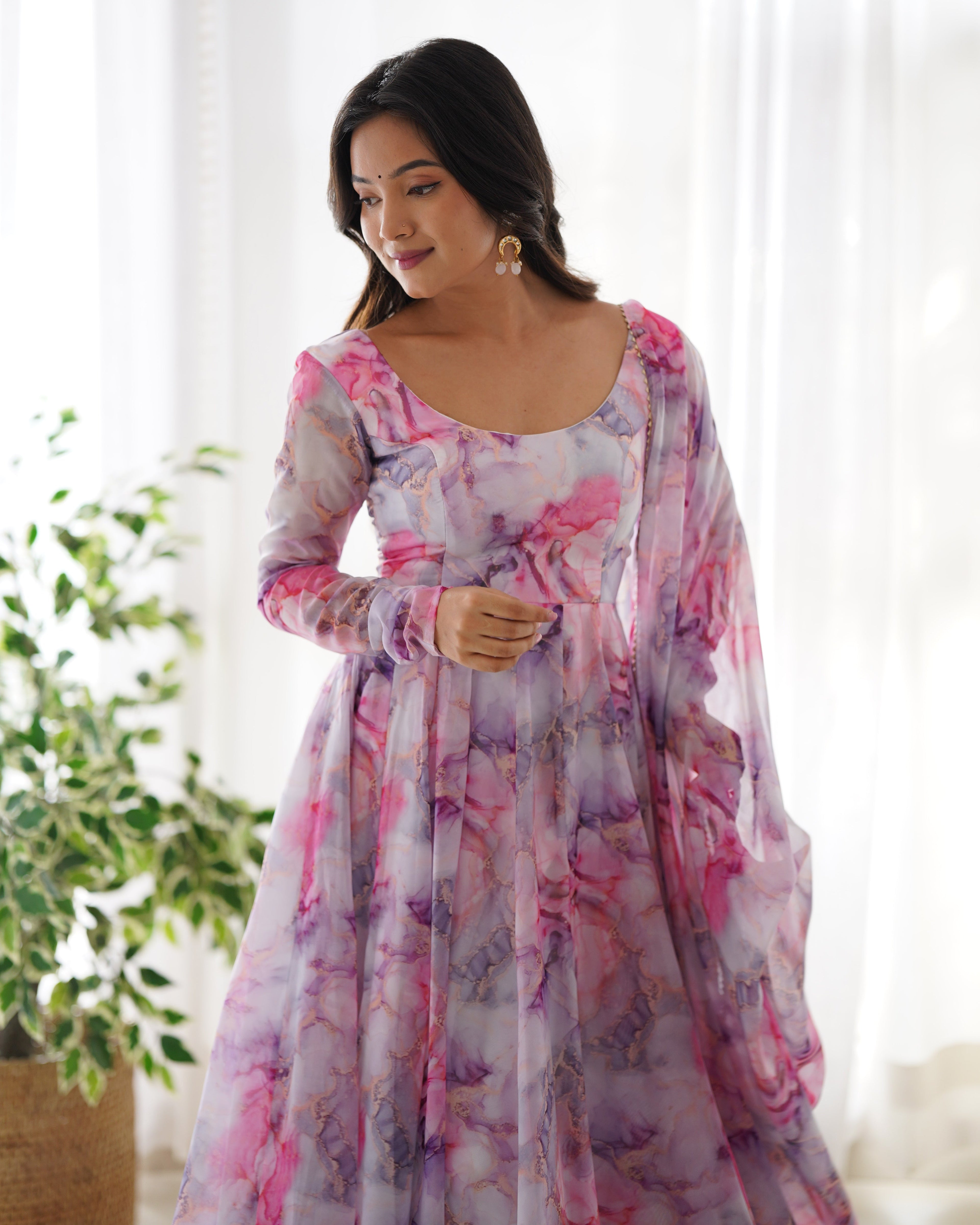 Pure Soft Organza Anarkali Suit Set With Huge Flair, Dupatta & Pant