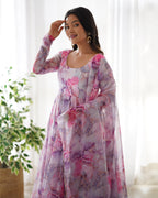 Pure Soft Organza Anarkali Suit Set With Huge Flair, Dupatta & Pant