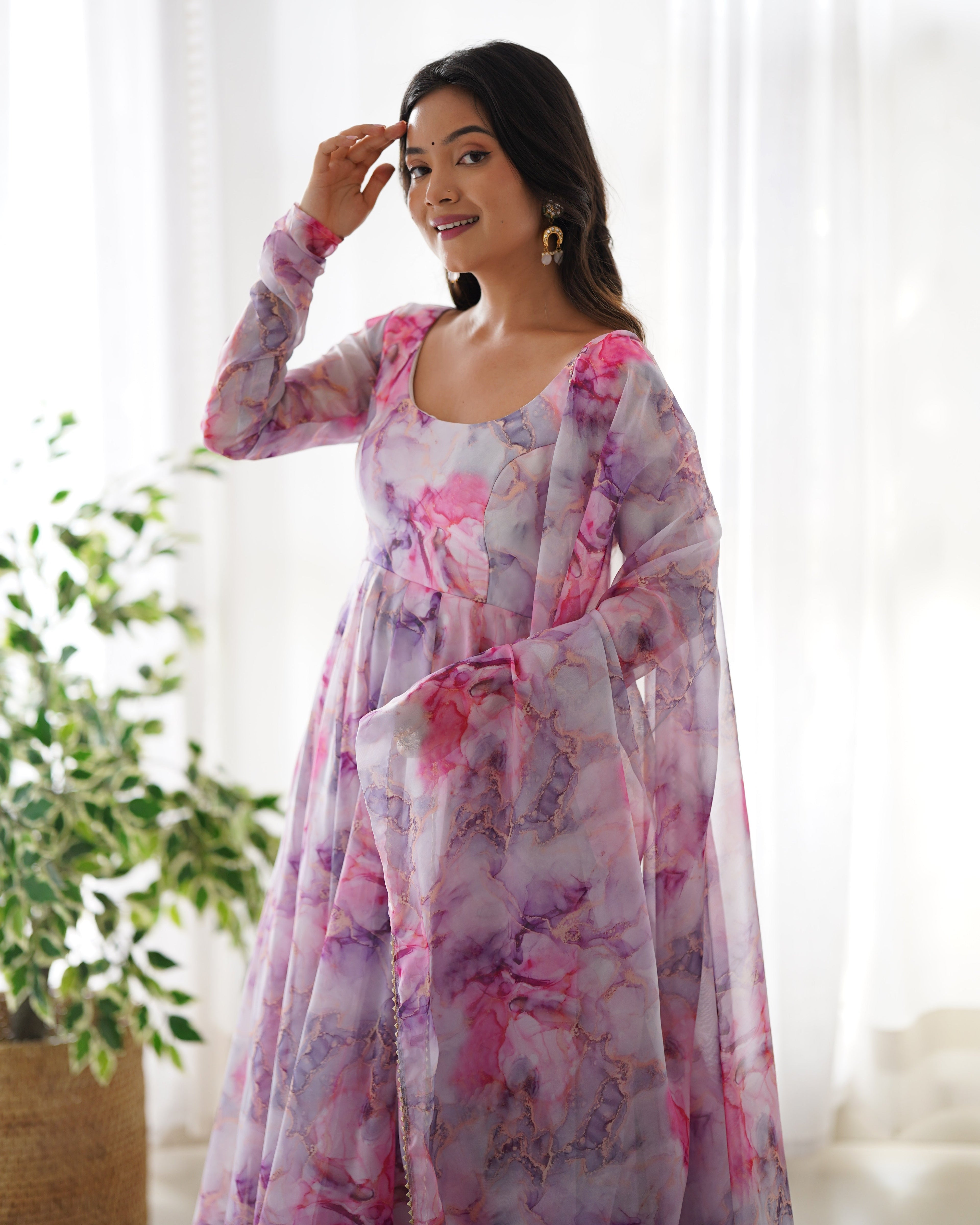 Pure Soft Organza Anarkali Suit Set With Huge Flair, Dupatta & Pant