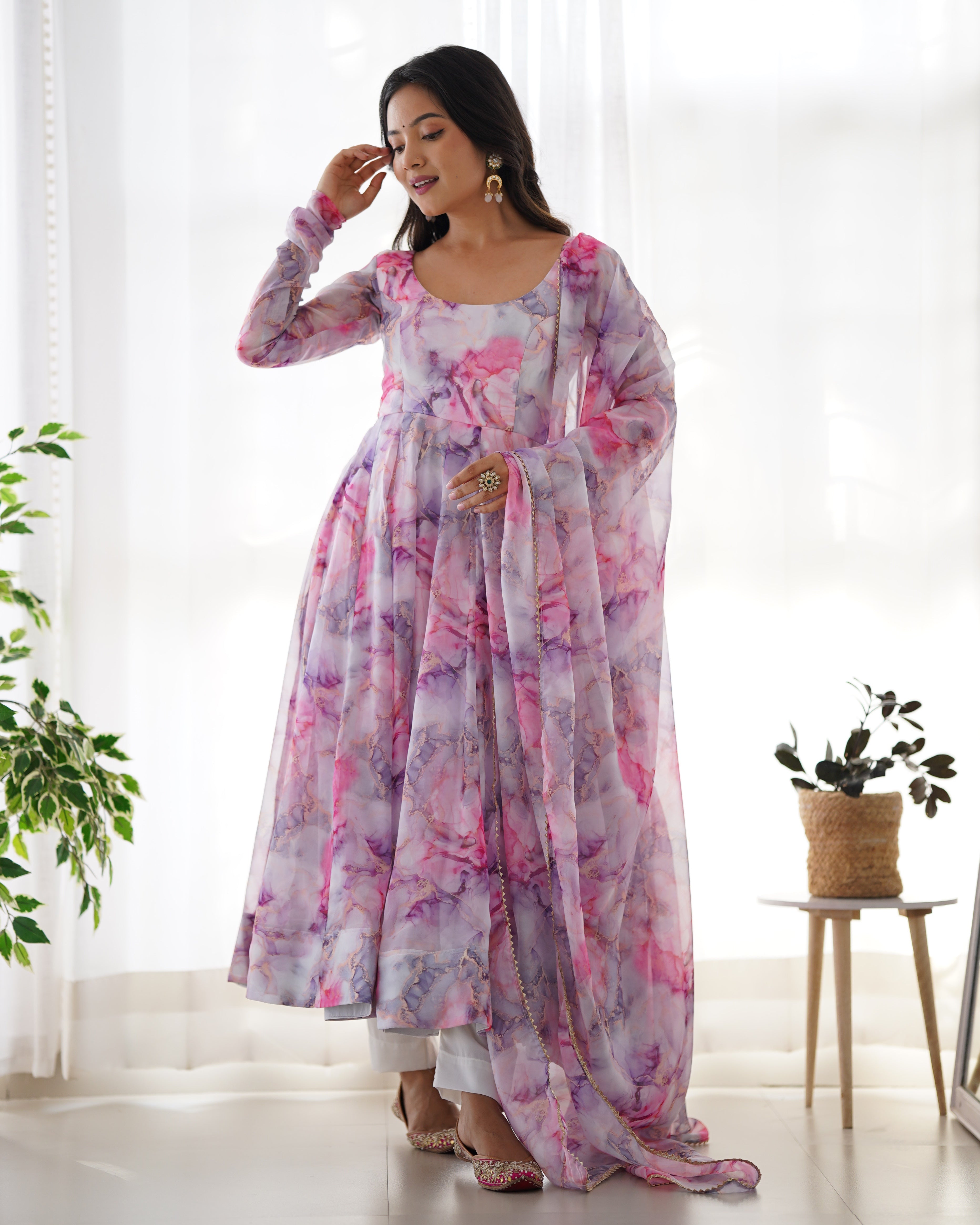Pure Soft Organza Anarkali Suit Set With Huge Flair, Dupatta & Pant