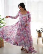 Pure Soft Organza Anarkali Suit Set With Huge Flair, Dupatta & Pant